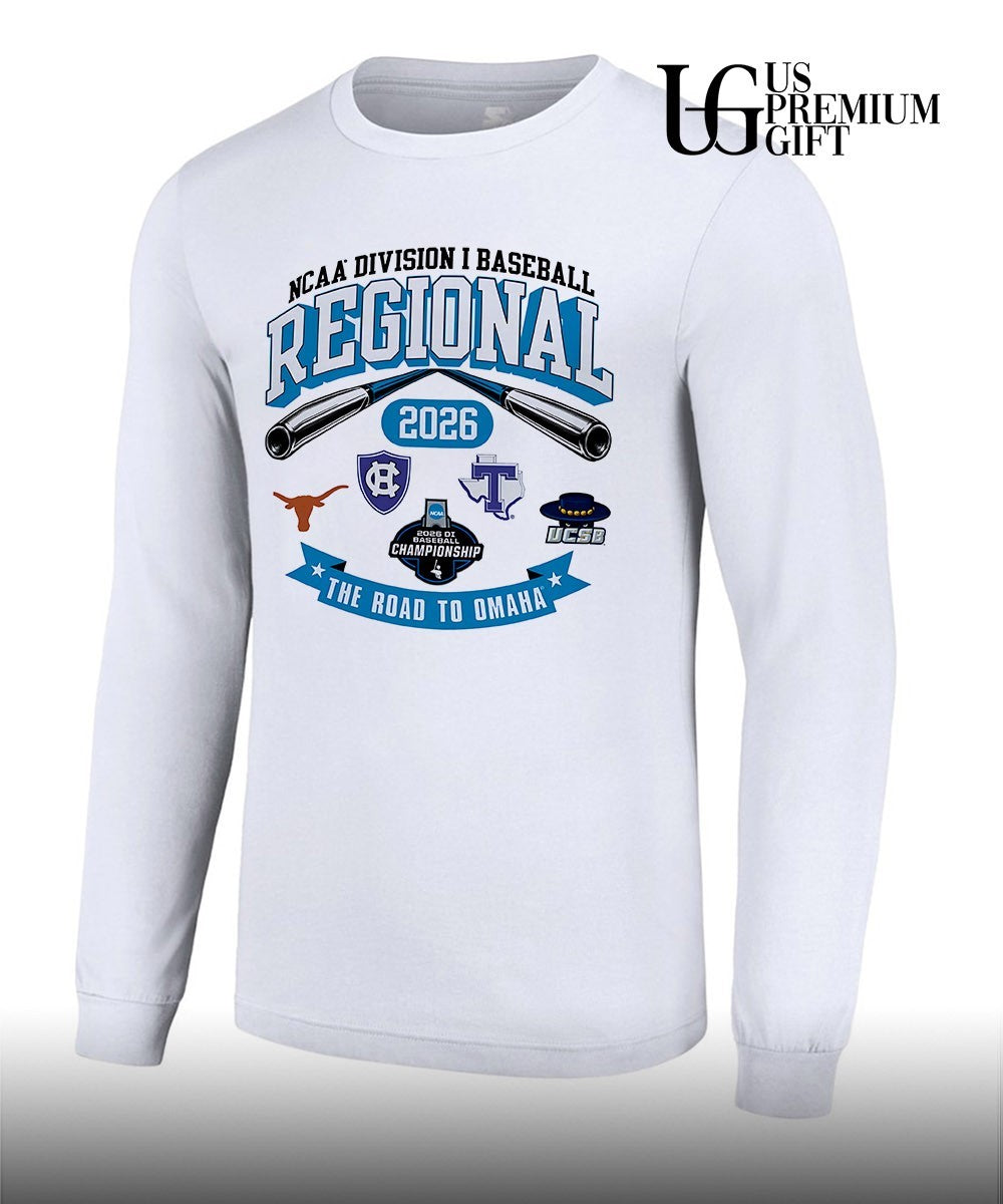Texas Longhorns and Holy Cross Crusaders and Texas Tech Red Raiders and UCSB 2026 NCAA Division I Baseball Regional Road to Omaha shirt