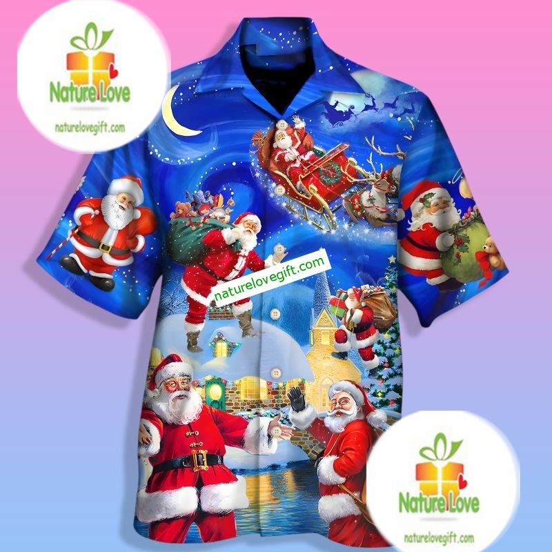 The Christmas Moon Santa Claus Delivers Gifts Blue Summer Hawaiian Shirts