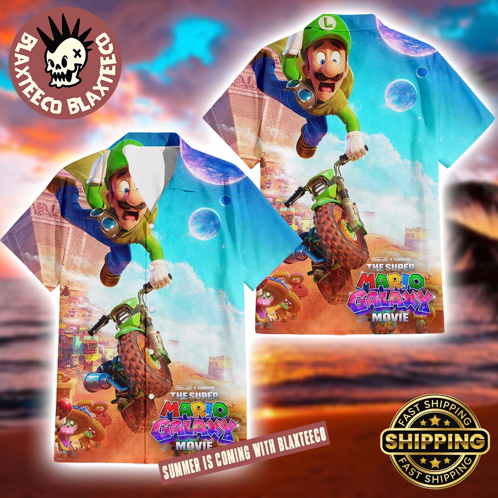 The Super Mario Galaxy Movie Luigi Character Poster In Theaters On April 1 2026 Summer Hawaiian Shirt
