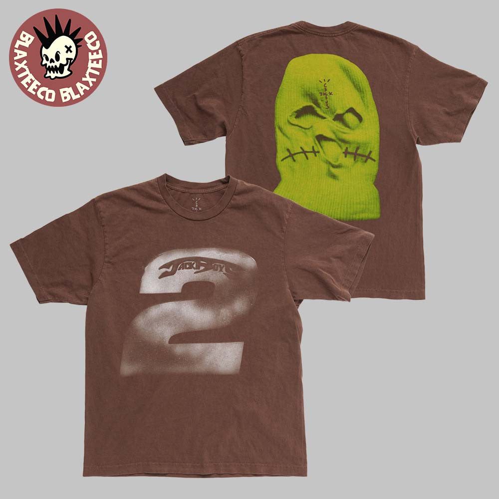Travis Scott Jackboys 2 Merch Neon Mask Two Sided Brown T-Shirt