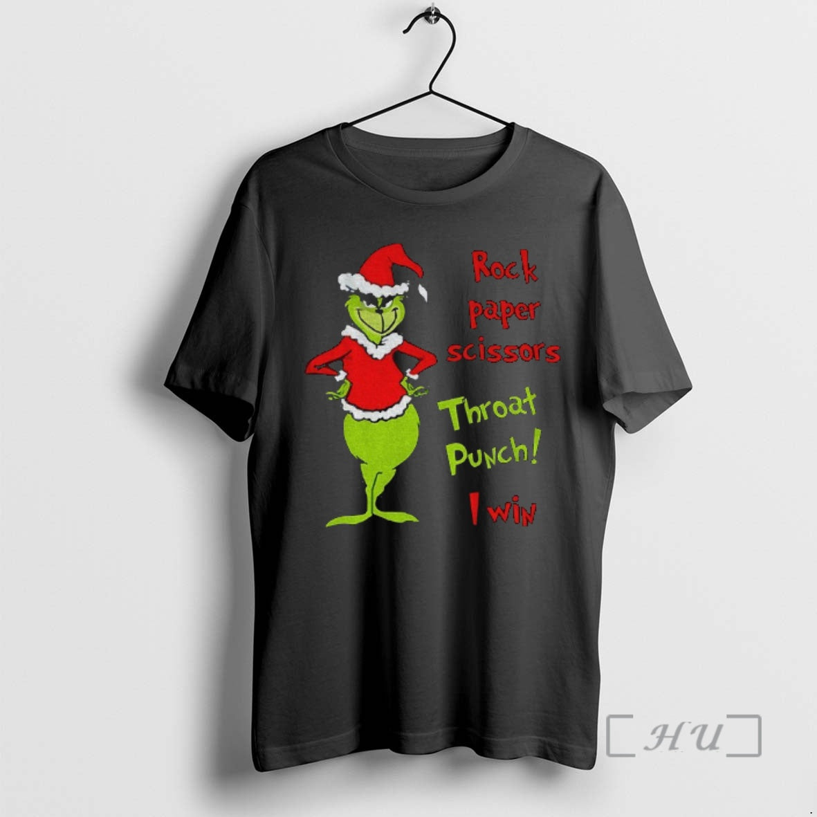 Trending Grinch Santa Hat Rock Paper Scissors Throat Punch I Win Christmas Premium T Shirts