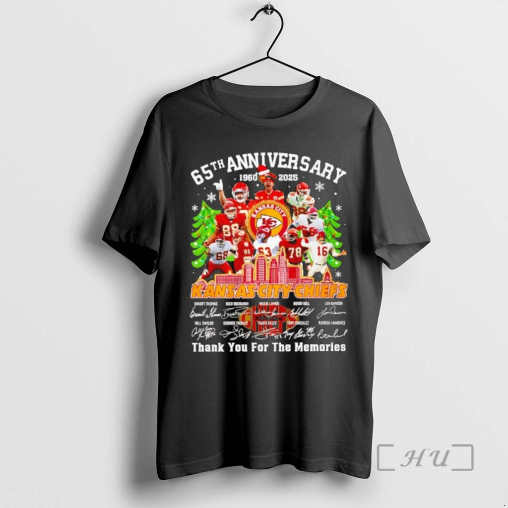 Trending Kansas City Chiefs 65th Anniversary 1960 To 2025 Signatures Christmas Trees And Snowflakes Premium