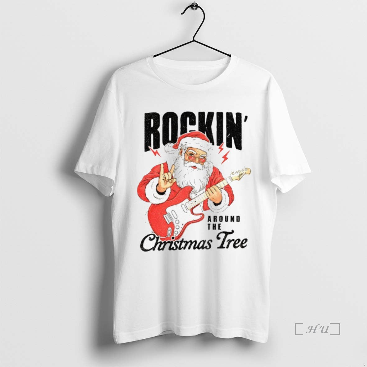 Trending Santa Claus Play Guitar Rockin Around The Christmas Tree Merry Christmas Premium T Shirts