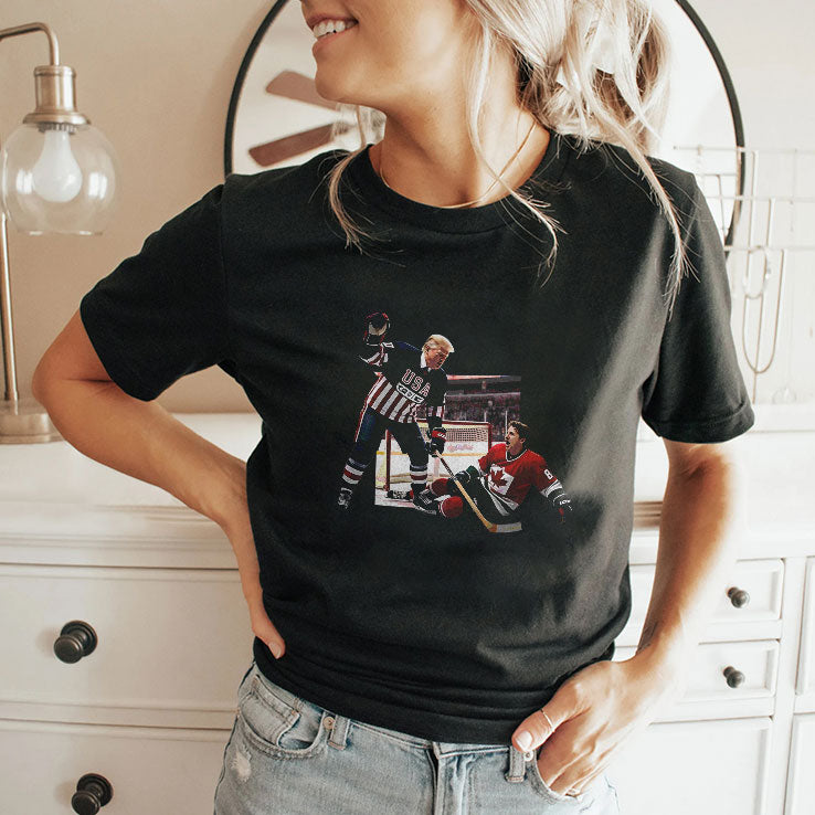 Trump Defeating Justin Trudeau Funny Hockey Shirt
