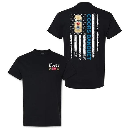 Two-sided Coors Banquet American Flag T-shirt, Funny Summer Graphic Tee, Trendy Outdoors Beer Lover Sweatshirt, Unisex Hoodie, Independence Day