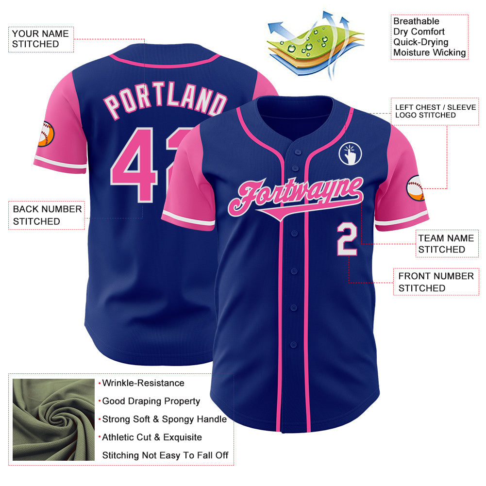 Custom Royal Pink-White Authentic Two Tone Baseball Jersey