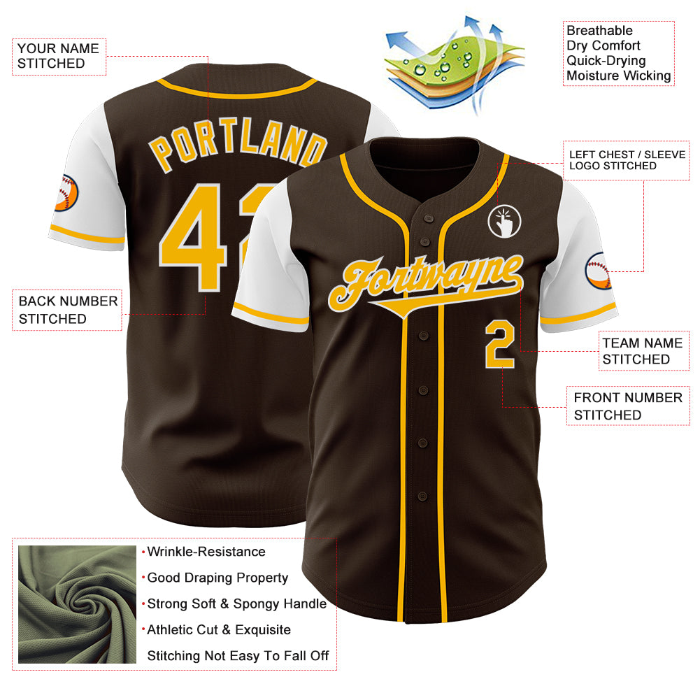 Custom Brown Gold-White Authentic Two Tone Baseball Jersey