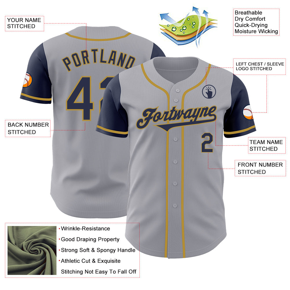Custom Gray Navy-Old Gold Authentic Two Tone Baseball Jersey