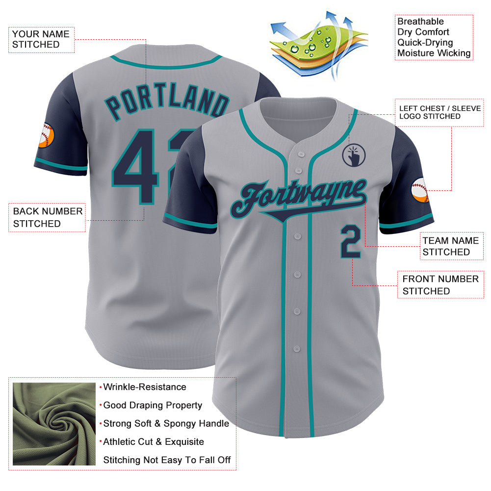 Custom Gray Navy-Teal Authentic Two Tone Baseball Jersey