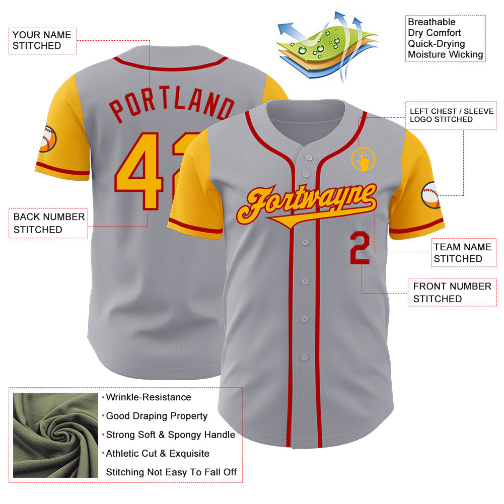 Custom Gray Gold-Red Authentic Two Tone Baseball Jersey