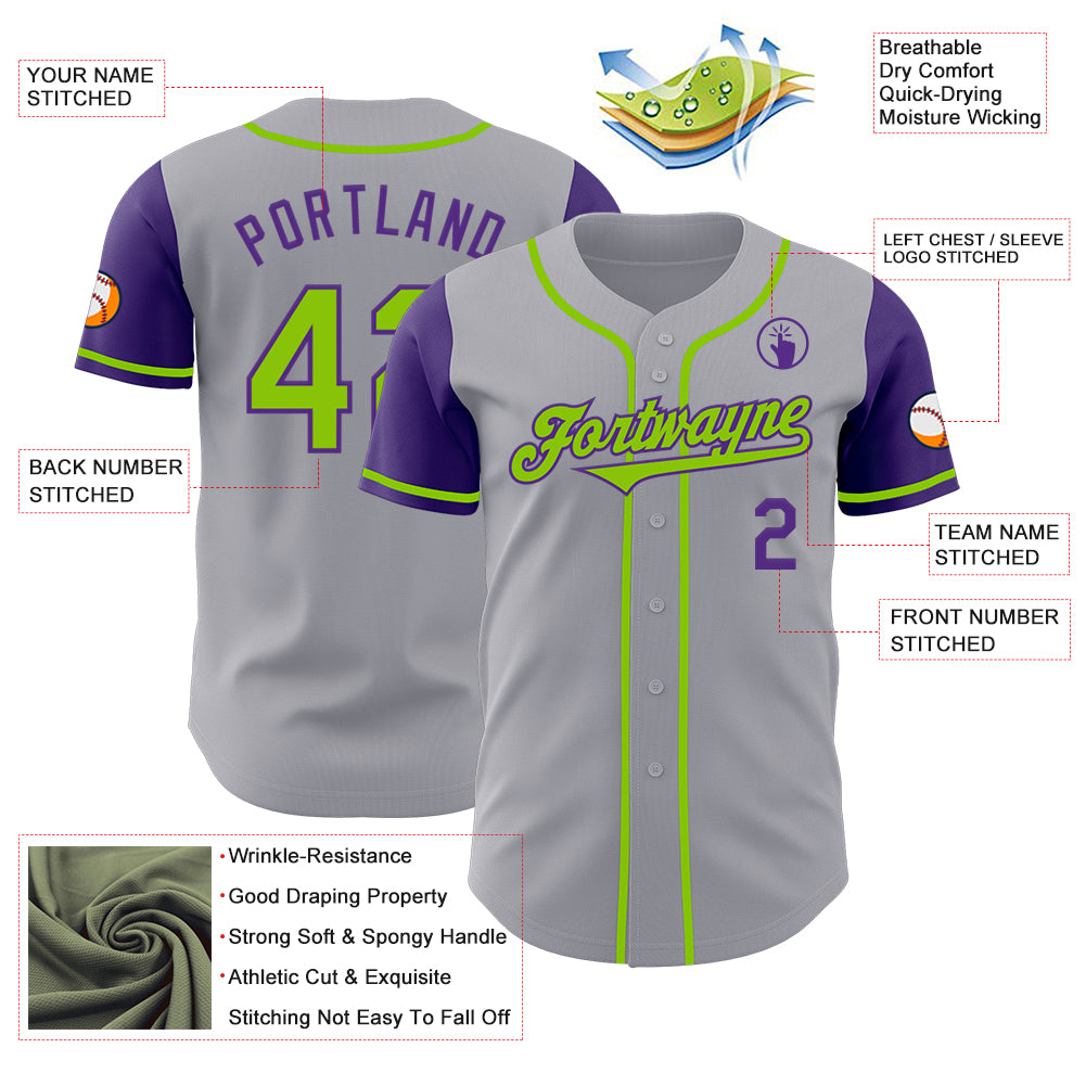 Custom Gray Neon Green-Purple Authentic Two Tone Baseball Jersey