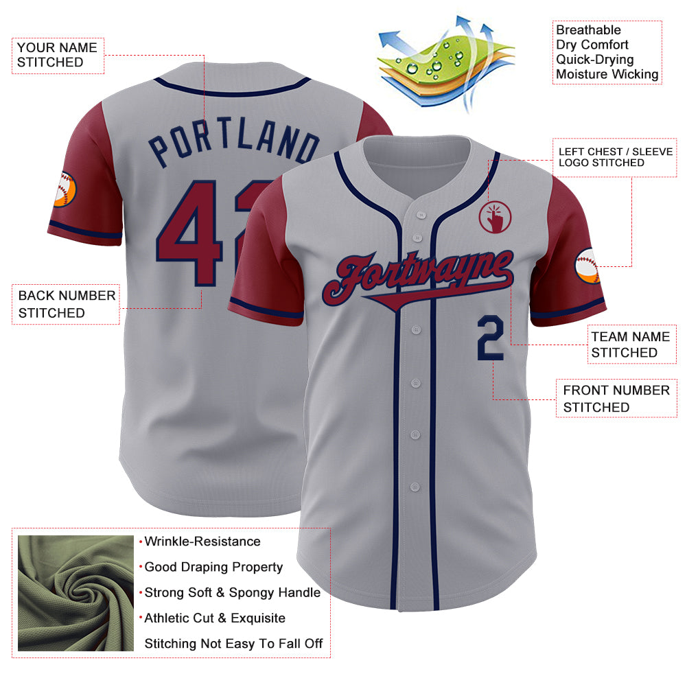 Custom Gray Crimson-Navy Authentic Two Tone Baseball Jersey