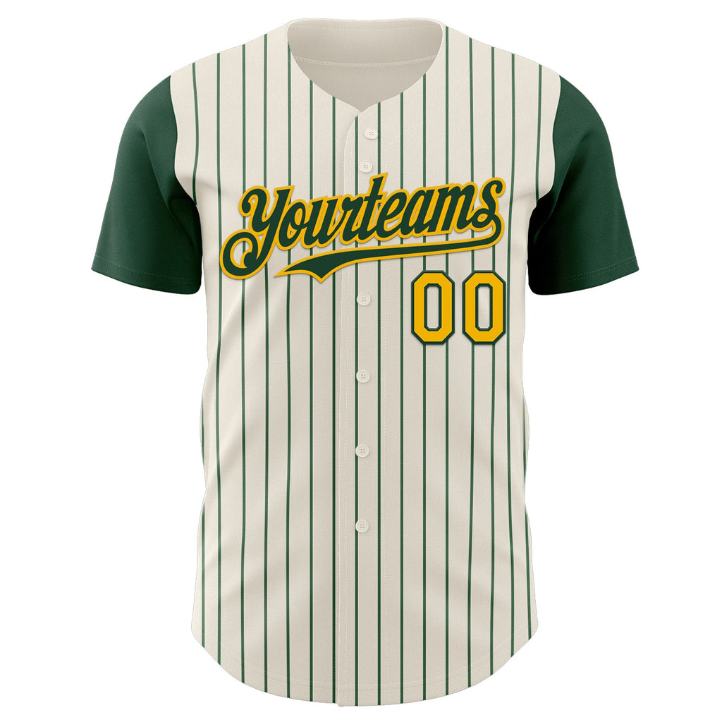 Custom Cream Green Pinstripe Gold Authentic Two Tone Baseball Jersey