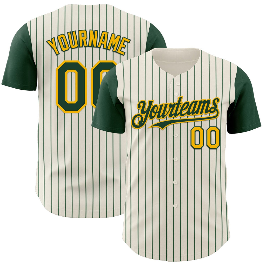 Custom Cream Green Pinstripe Gold Authentic Two Tone Baseball Jersey