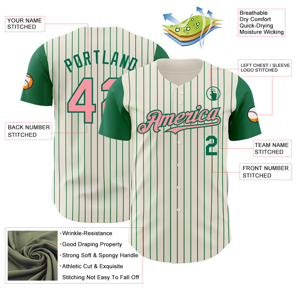 Custom Cream Kelly Green Pinstripe Medium Pink Authentic Two Tone Baseball Jersey