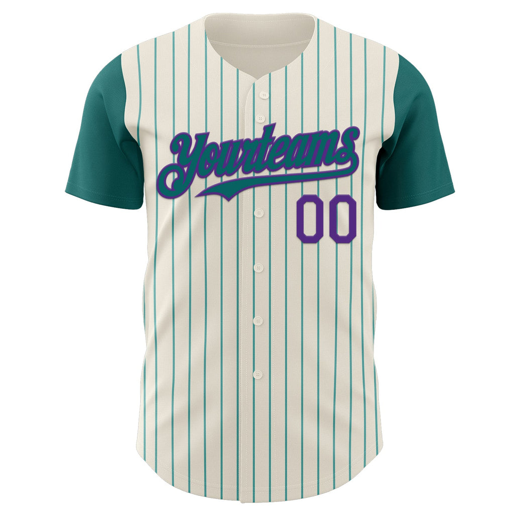 Custom Cream Teal Pinstripe Purple Authentic Two Tone Baseball Jersey