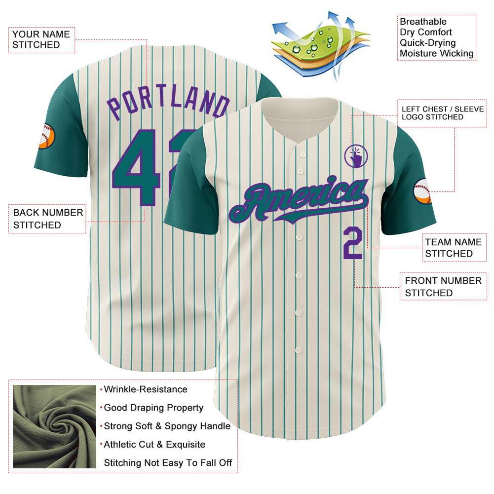 Custom Cream Teal Pinstripe Purple Authentic Two Tone Baseball Jersey