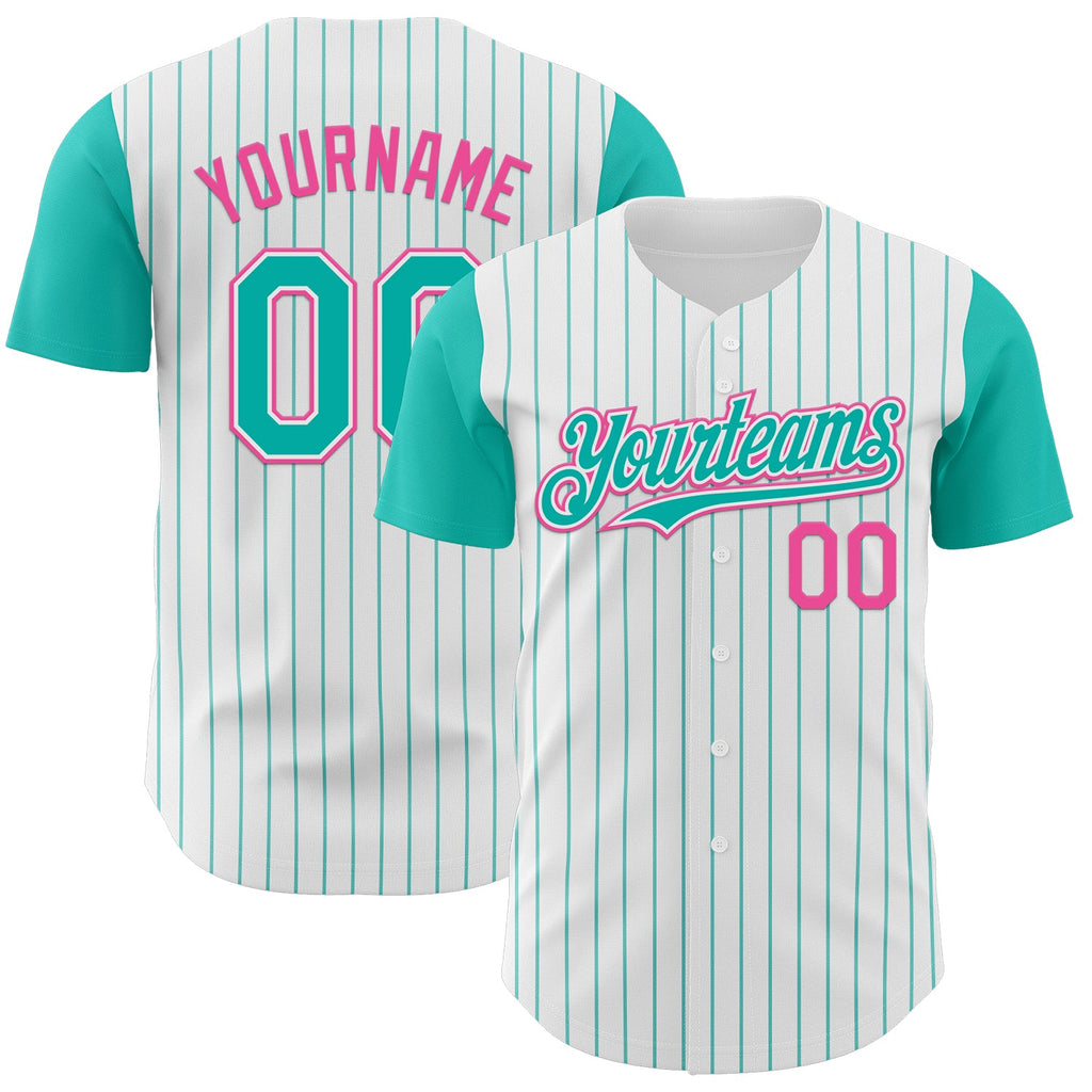 Custom White Aqua Pinstripe Pink Authentic Two Tone Baseball Jersey