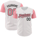 Custom White Medium Pink Pinstripe Black Authentic Two Tone Baseball Jersey