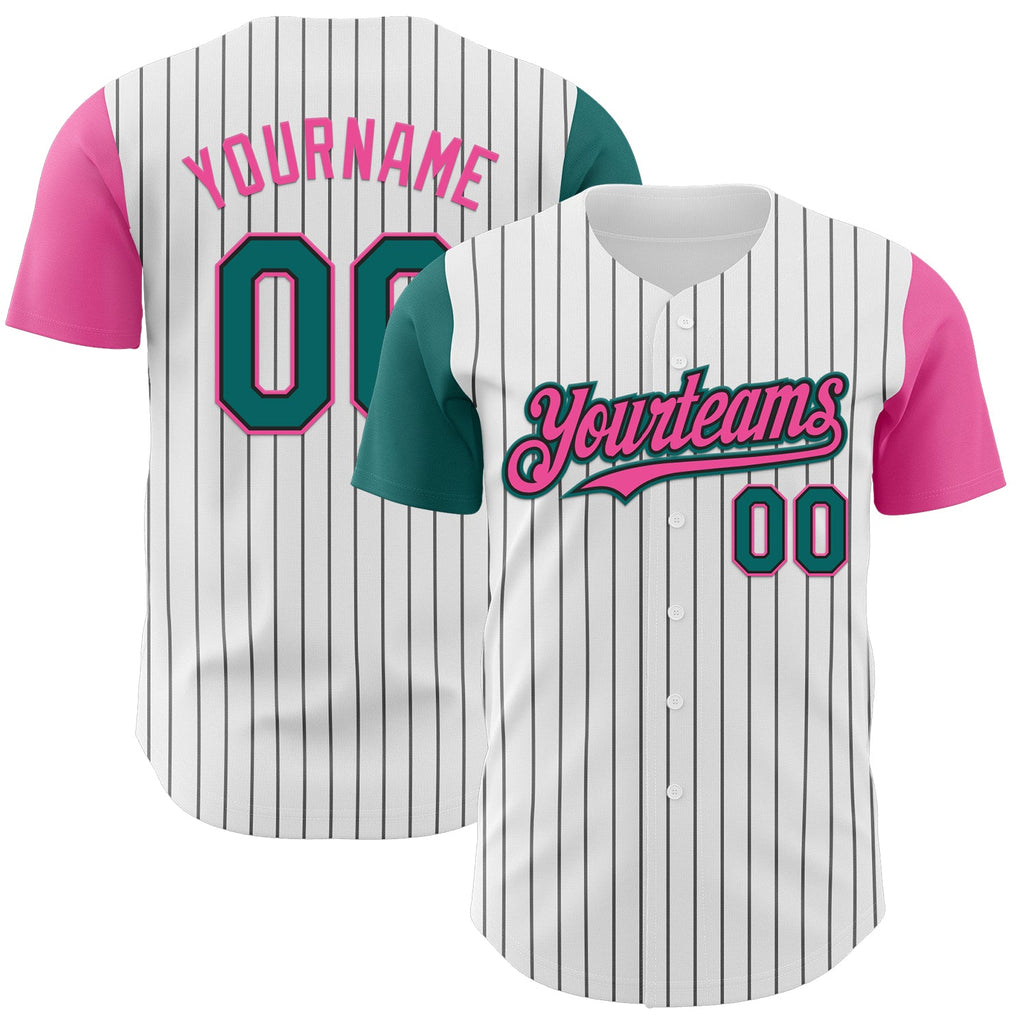 Custom White Black Pinstripe Teal-Pink Authentic Two Tone Baseball Jersey