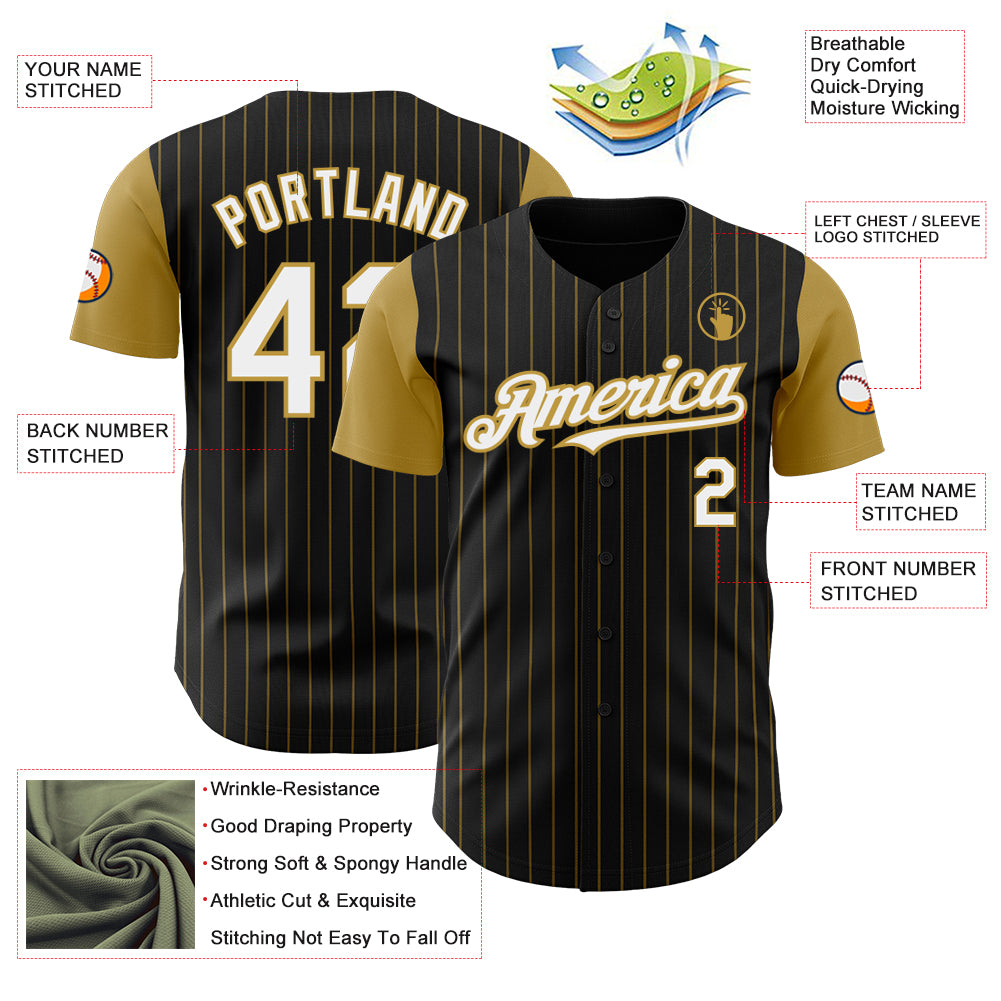 Custom Black Old Gold Pinstripe White Authentic Two Tone Baseball Jersey