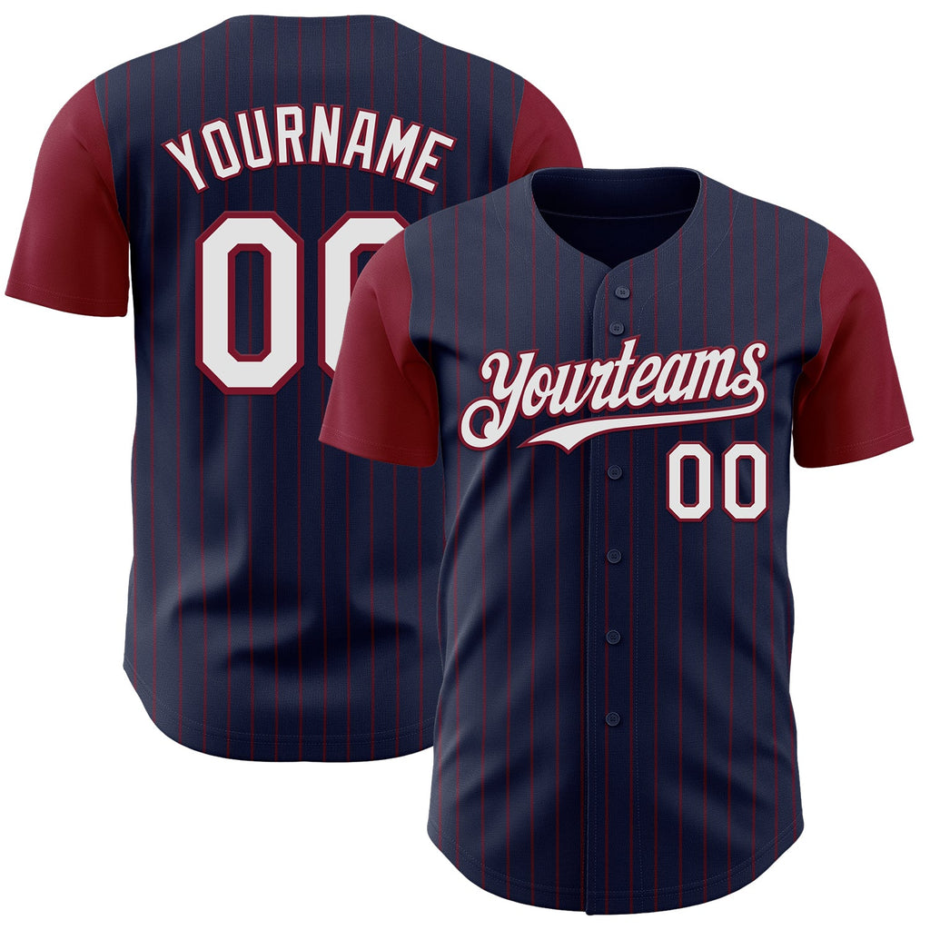 Custom Navy Crimson Pinstripe White Authentic Two Tone Baseball Jersey