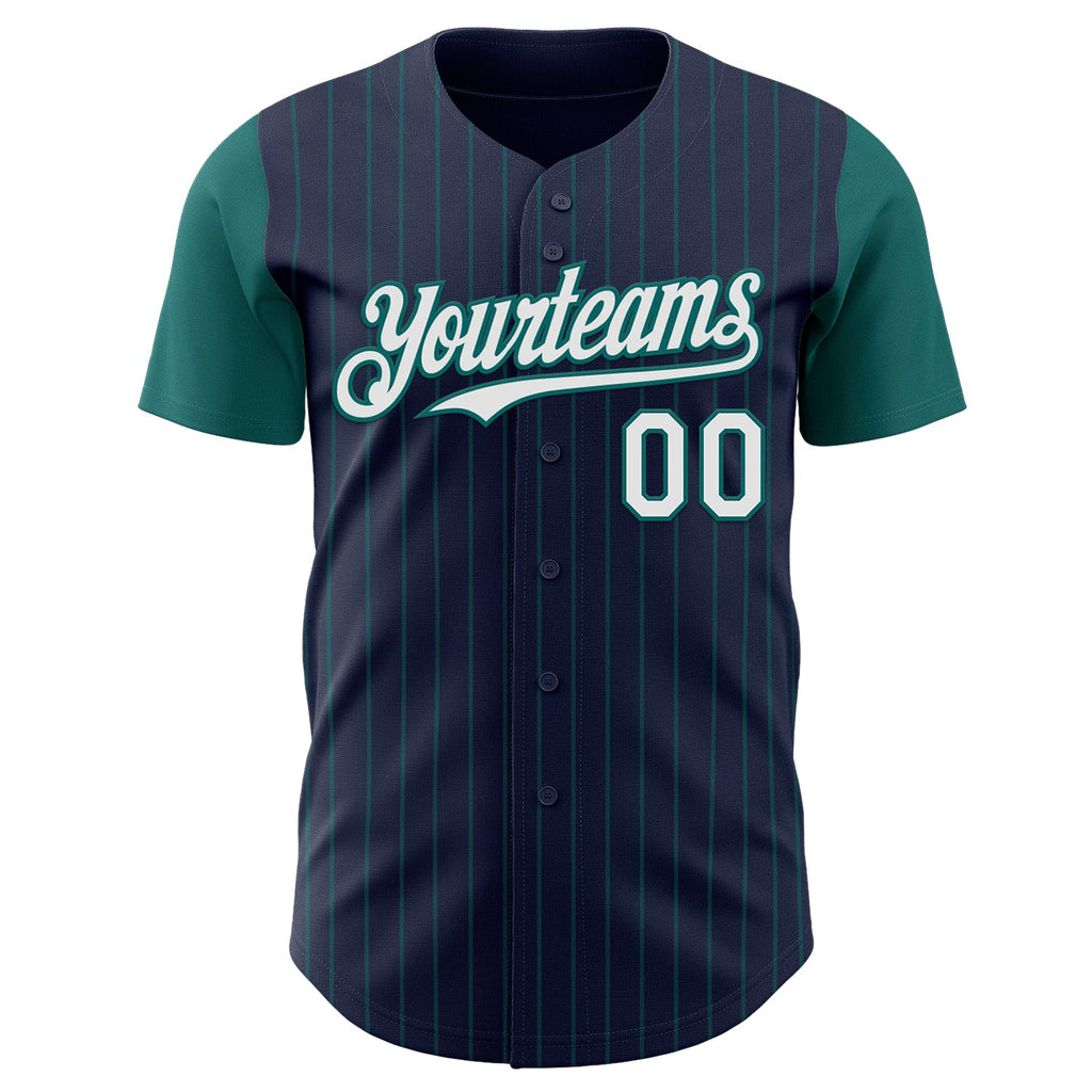 Custom Navy Teal Pinstripe White Authentic Two Tone Baseball Jersey