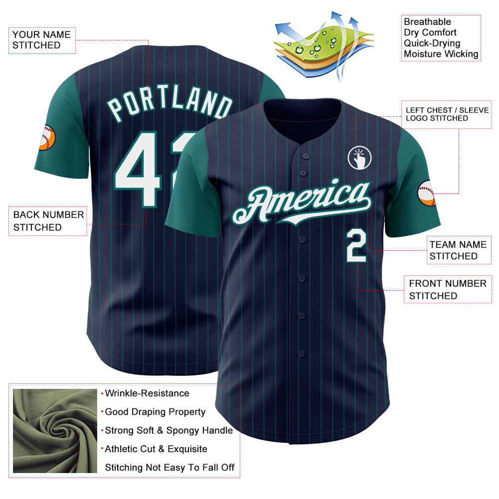 Custom Navy Teal Pinstripe White Authentic Two Tone Baseball Jersey