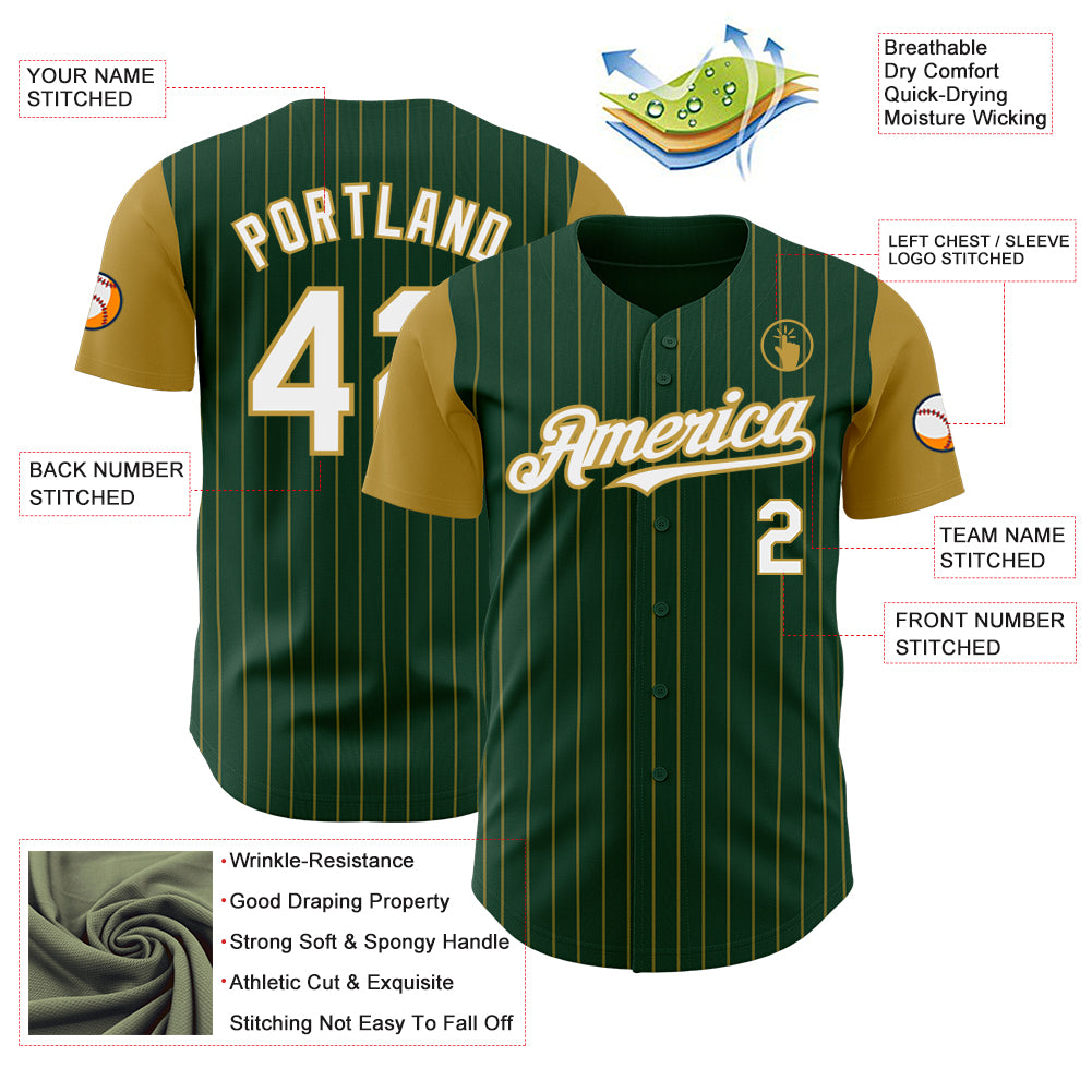 Custom Green Old Gold Pinstripe White Authentic Two Tone Baseball Jersey