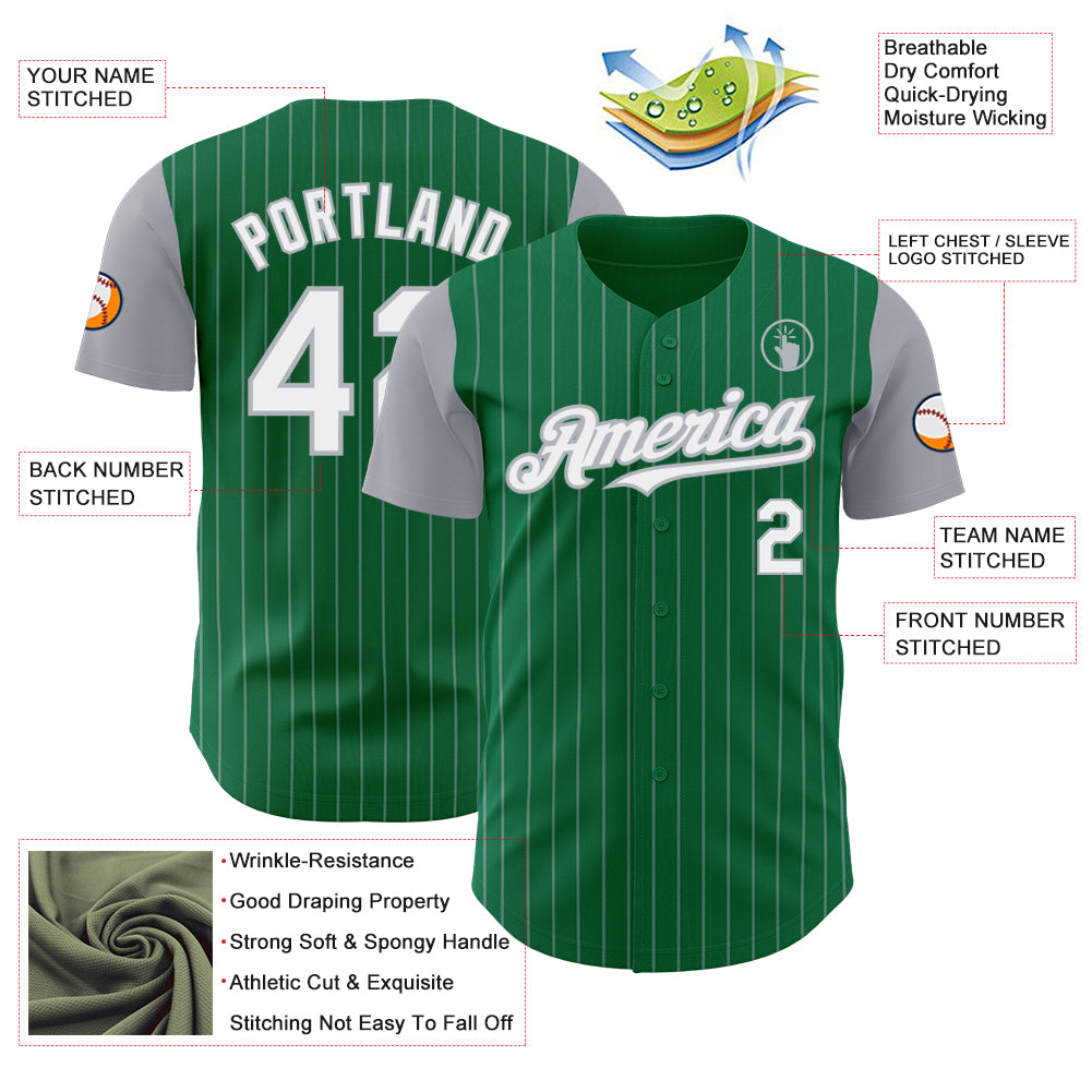 Custom Kelly Green Gray Pinstripe White Authentic Two Tone Baseball Jersey