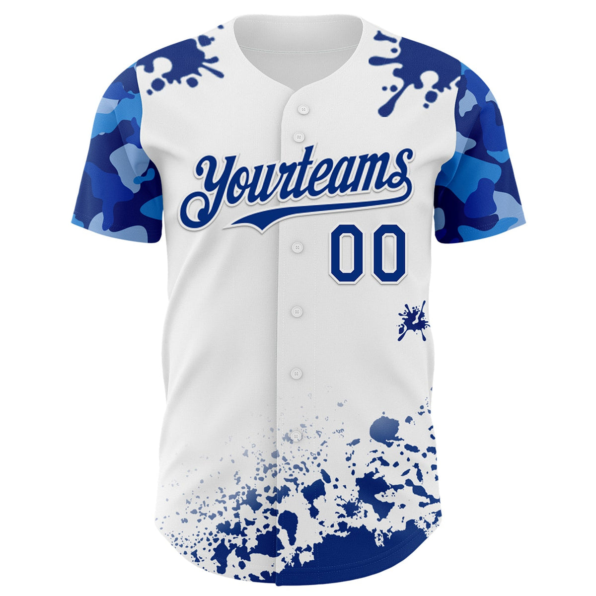 Custom White Royal Splatter Camo Two Tone Authentic Baseball Jersey