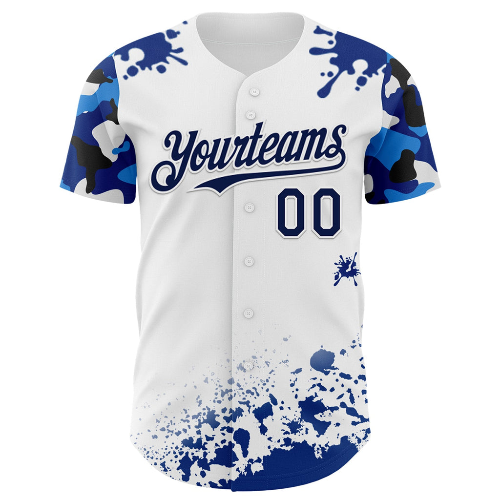 Custom White Navy Splatter Camo Two Tone Authentic Baseball Jersey