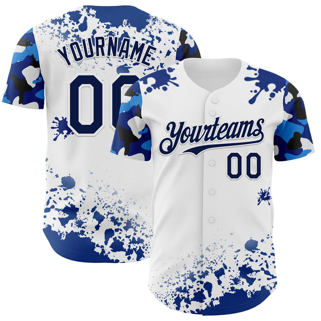 Custom White Navy Splatter Camo Two Tone Authentic Baseball Jersey
