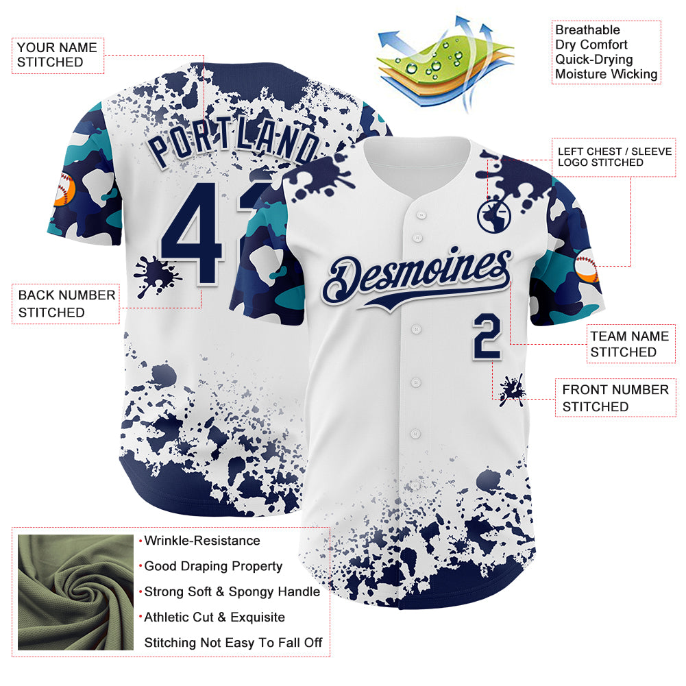 Custom White Navy-Teal Splatter Camo Two Tone Authentic Baseball Jersey