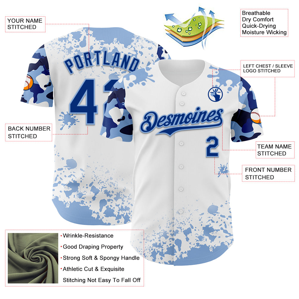 Custom White Royal-Light Blue Splatter Camo Two Tone Authentic Baseball Jersey