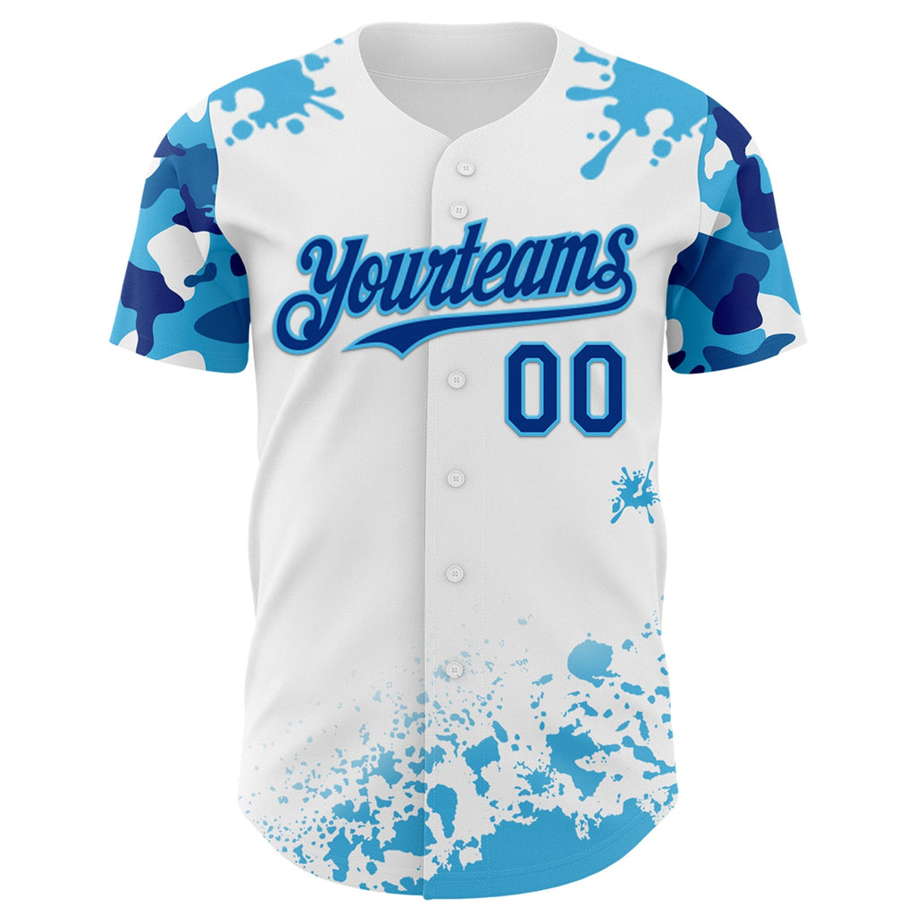 Custom White Royal-Sky Blue Splatter Camo Two Tone Authentic Baseball Jersey