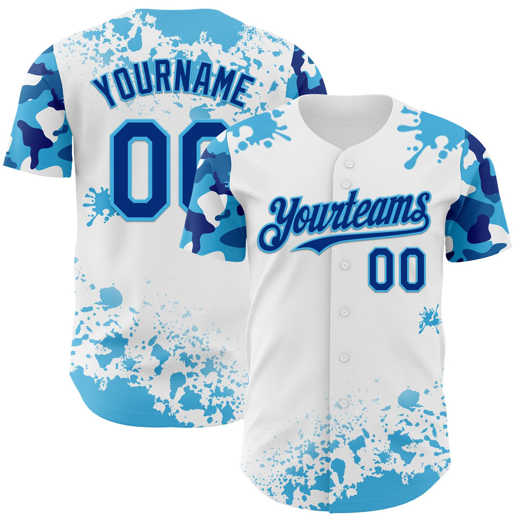 Custom White Royal-Sky Blue Splatter Camo Two Tone Authentic Baseball Jersey