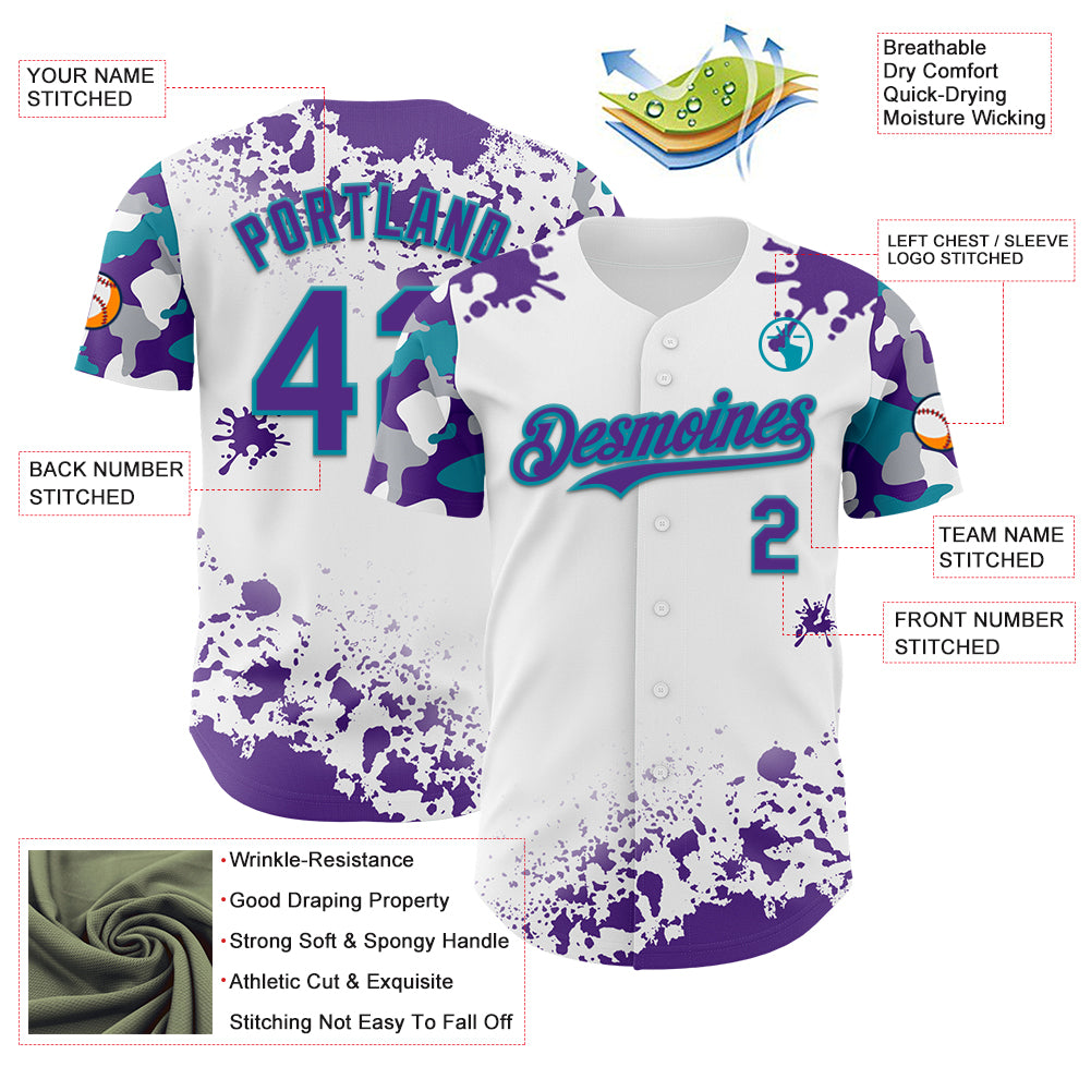 Custom White Purple Teal-Gray Splatter Camo Two Tone Authentic Baseball Jersey
