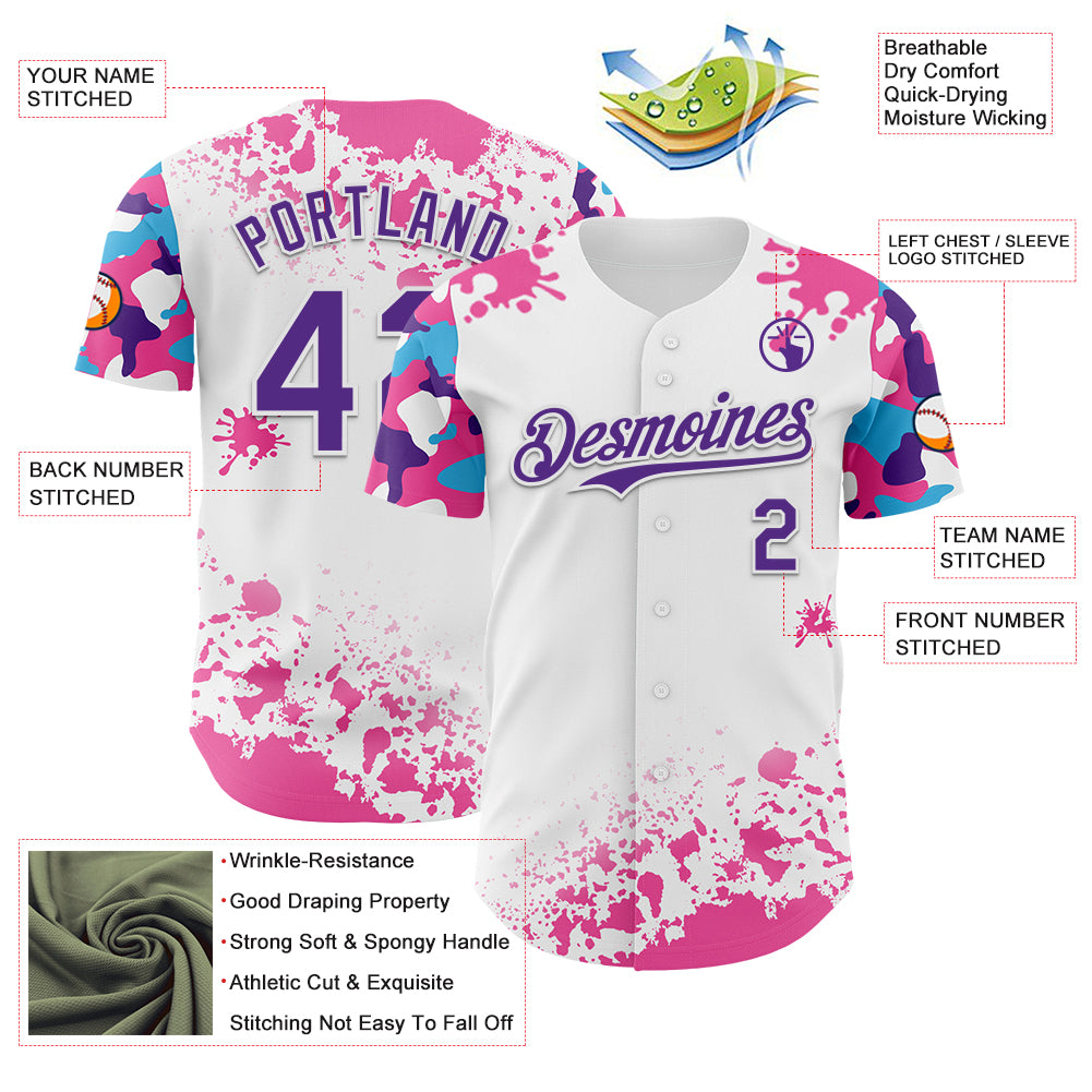 Custom White Purple Pink-Blue Splatter Camo Two Tone Authentic Baseball Jersey
