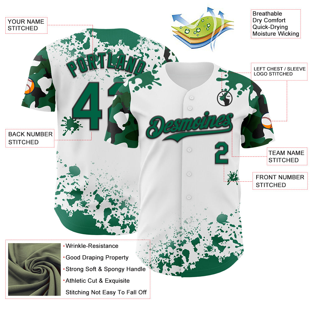 Custom White Kelly Green-Black Splatter Camo Two Tone Authentic Baseball Jersey