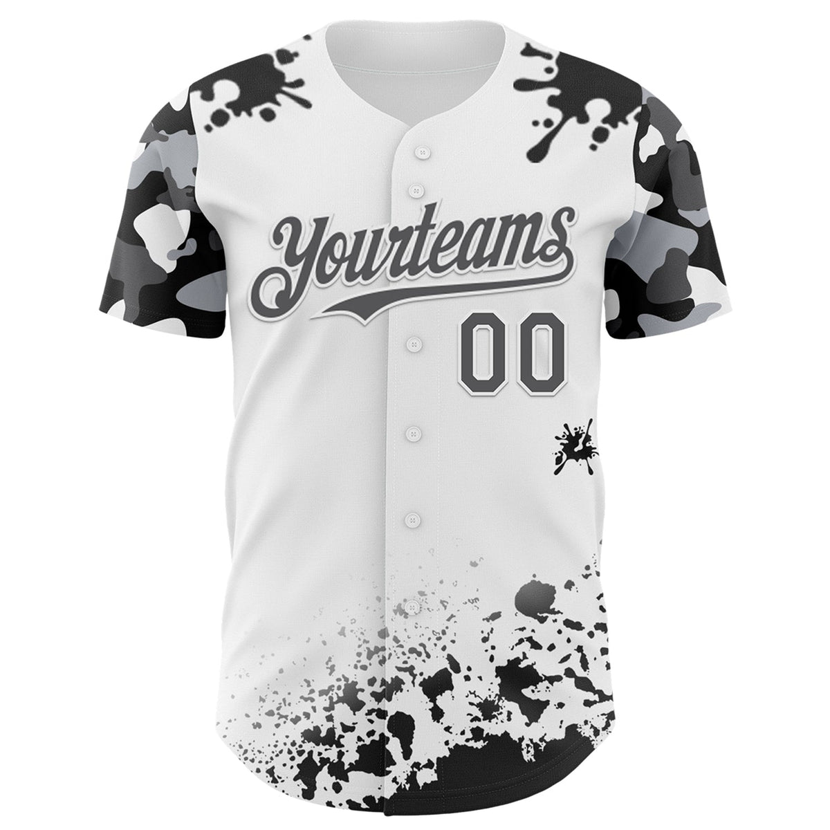 Custom White Steel Gray-Black Splatter Camo Two Tone Authentic Baseball Jersey