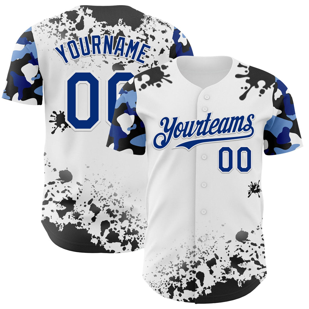 Custom White Royal-Black Splatter Camo Two Tone Authentic Baseball Jersey