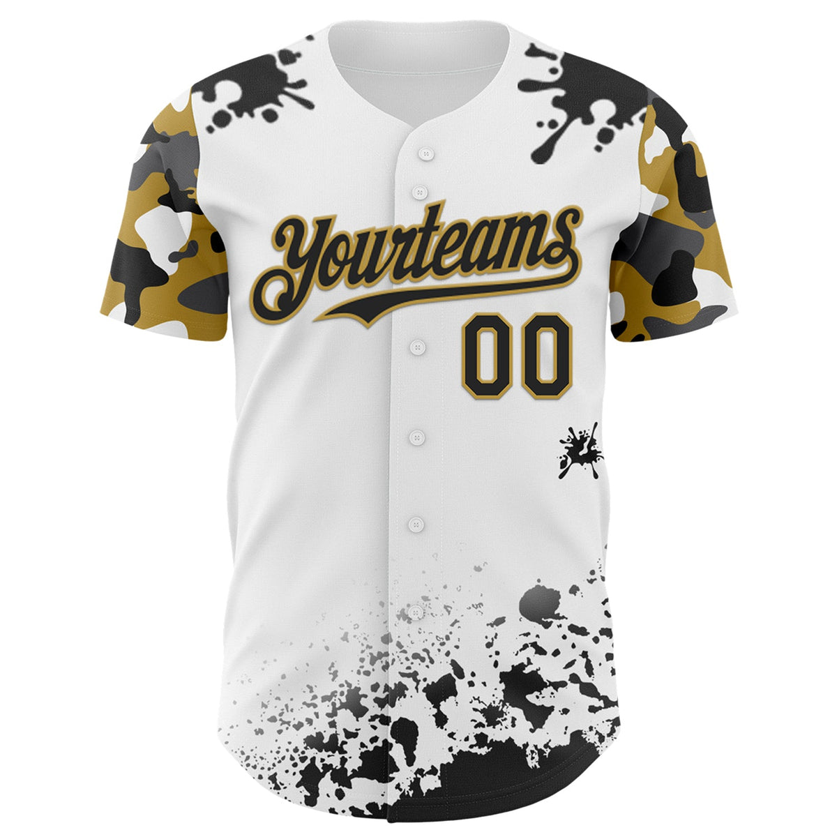 Custom White Black-Old Gold Splatter Camo Two Tone Authentic Baseball Jersey