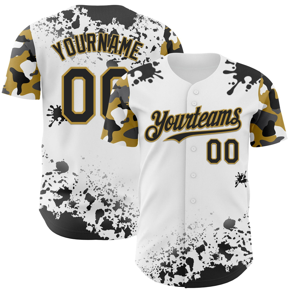 Custom White Black-Old Gold Splatter Camo Two Tone Authentic Baseball Jersey