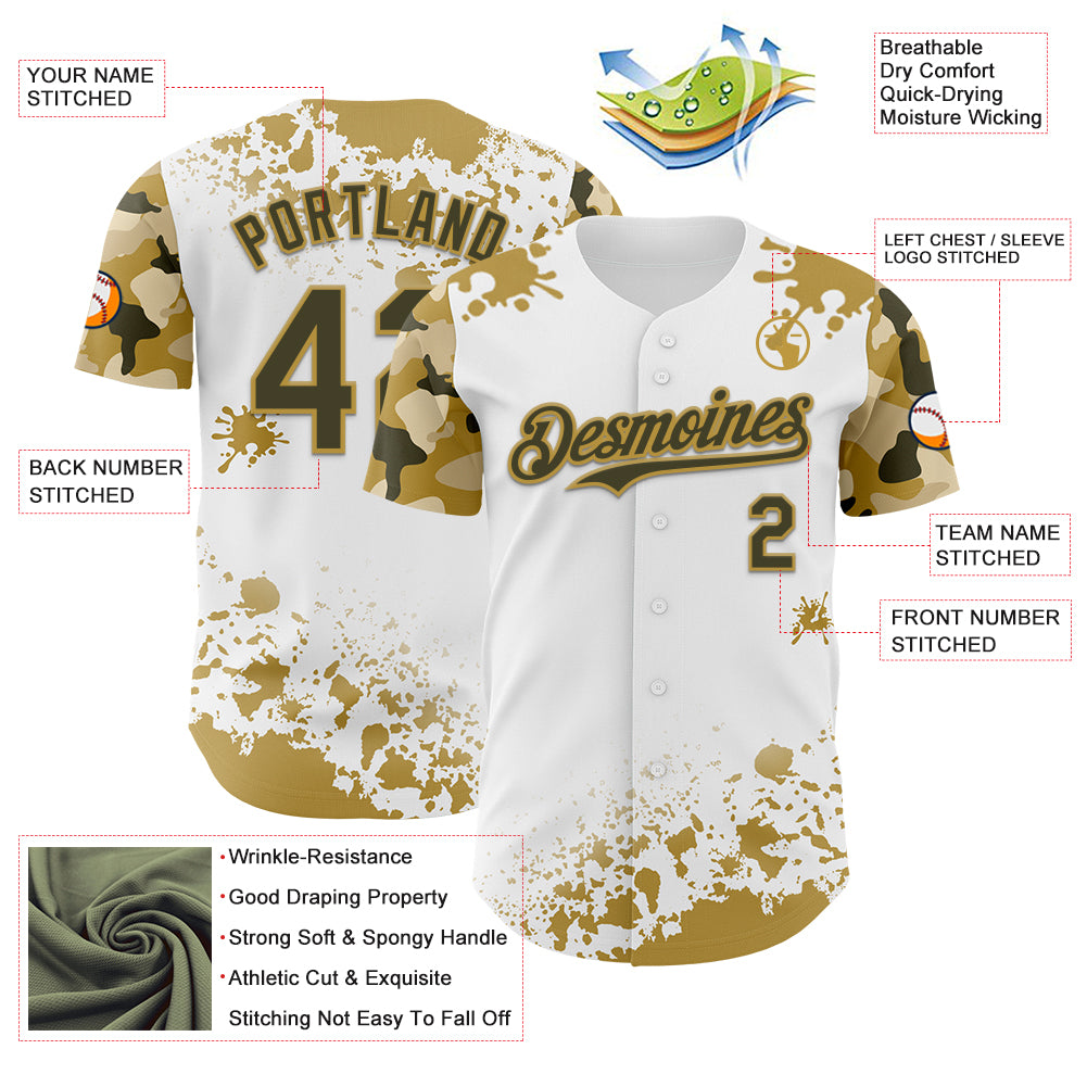Custom White Olive-Old Gold Splatter Camo Two Tone Authentic Baseball Jersey