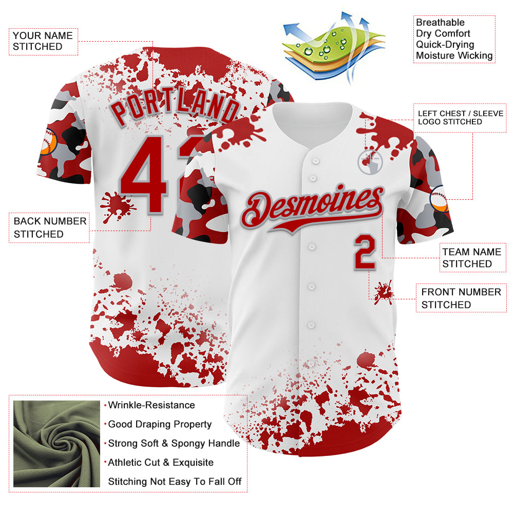 Custom White Red Gray-Black Splatter Camo Two Tone Authentic Baseball Jersey