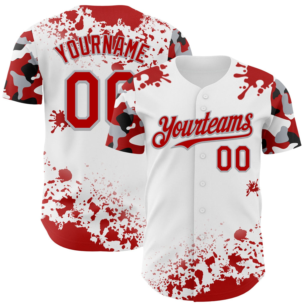 Custom White Red Gray-Black Splatter Camo Two Tone Authentic Baseball Jersey
