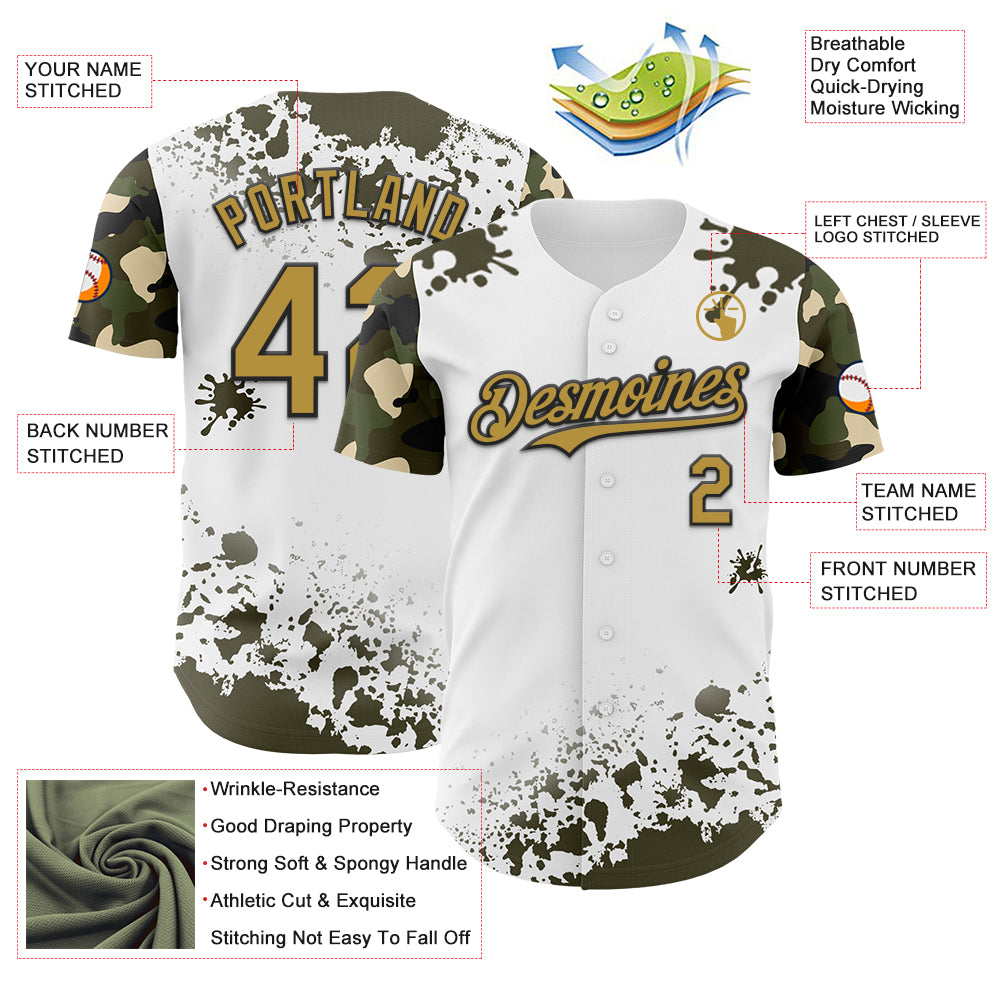 Custom White Old Gold Black-Olive Splatter Camo Two Tone Authentic Baseball Jersey
