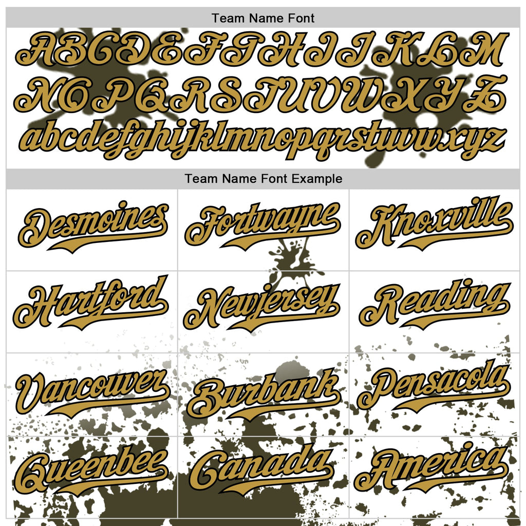 Custom White Old Gold Black-Olive Splatter Camo Two Tone Authentic Baseball Jersey