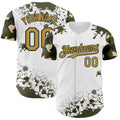 Custom White Old Gold Black-Olive Splatter Camo Two Tone Authentic Baseball Jersey